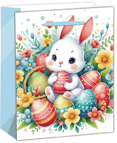 Fehér nyuszi húsvéti tojásokkal mintás szalagfüles papír ajándéktasak (18 x 23 cm)