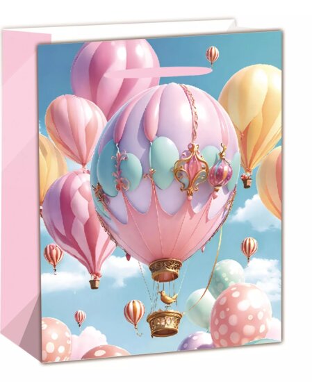 Hőlégballon mintás szalagfüles papír ajándéktasak (26 x 32 cm) - Rózsaszín/Mintás