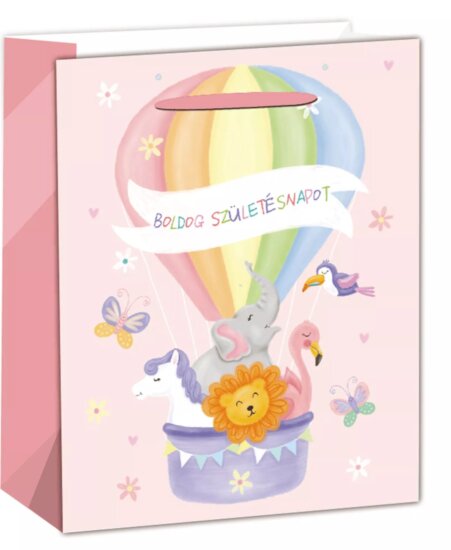 Állatok Boldog szülinapot feliratos hőlégballonban mintás szalagfüles papír ajándéktasak (18 x 23 cm) - Pink/Mintás