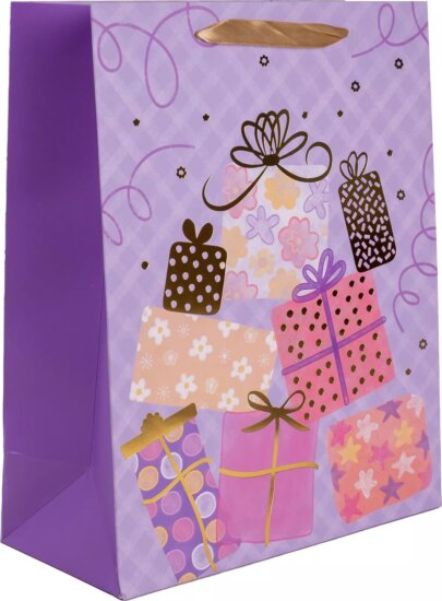 Iris Ajándékcsomag mintás szalagfüles papír ajándéktasak (18 x 23 cm) - Lila/Mintás