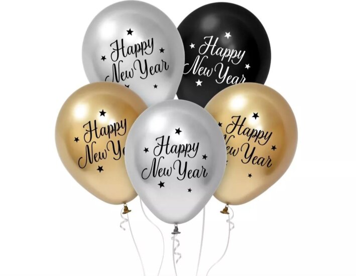 Godan Beauty&Charm Dekorációs lufiszett „Happy New Year" felirattal 30 cm (5 db/csomag)