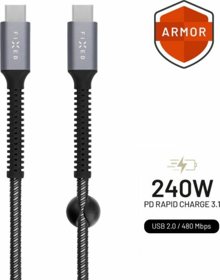 Fixed Armor Cable USB-C apa - USB-C apa 240W 2.0 Adat és töltő kábel 2m - Szürke