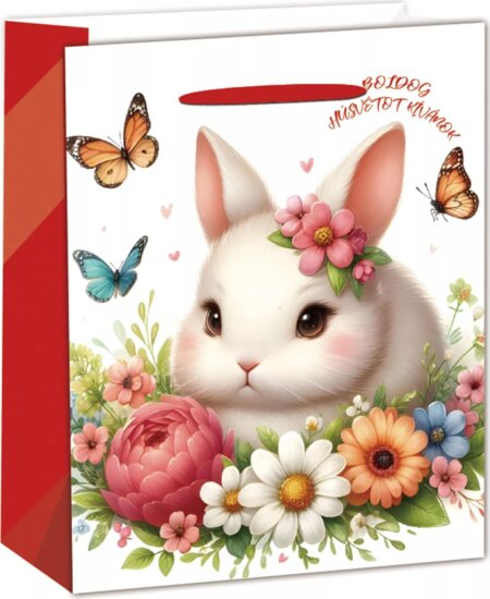 Nyuszi virágokkal mintás Szalagfüles papír ajándéktasak (11 x 14 cm) - Mintás