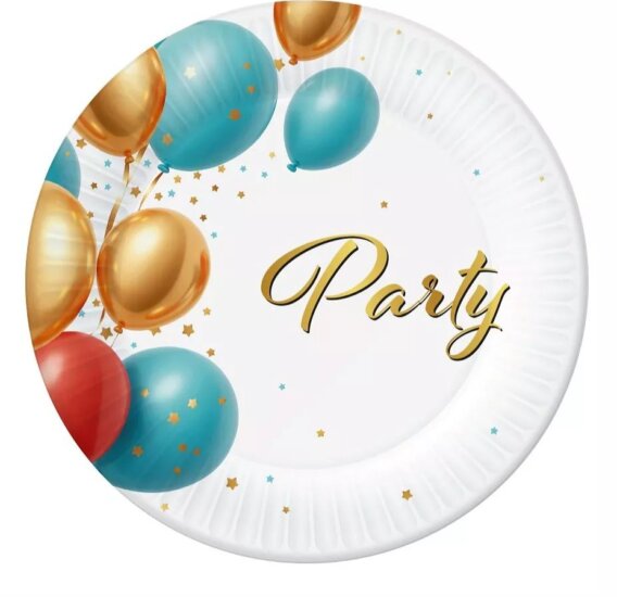 Papír tányér „Party" felirattal és lufikkal 18 cm (6 db/csomag)