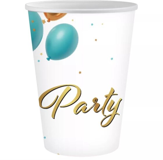 Papír pohár „Party" felirattal és lufikkal 250 ml (6 db/csomag)