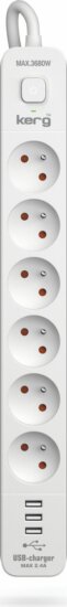 Kerg M02597 Túlfeszültségvédő Elosztó 6 aljzatos 3xUSB-A 16A 1,5m - Fehér