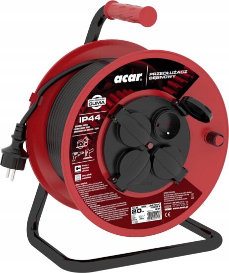Acar PZ-4Z/STM H05RR-F 3G2.5 Hálózati hosszabbító elosztó 4 aljzatos Kábeldob 20m - Piros / Fekete