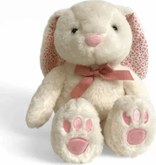 Fehér színű ülő nyúl szalaggal a nyakában plüssfigura 27 cm