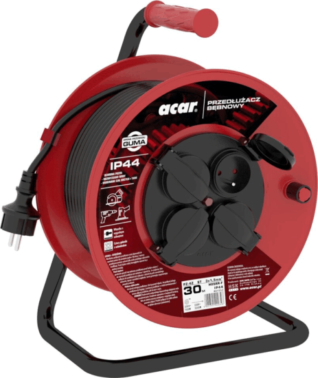 Acar PZ-4Z/ST H05RR-F 3GX1.5 Hálózati hosszabbító elosztó 4 aljzatos Kábeldob 30m - Piros / Fekete