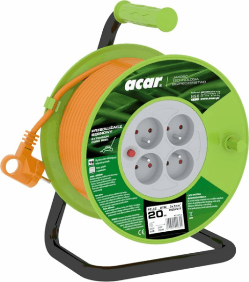 Acar PZ-4Z/OTM H05VV-F 3G1.0 Hálózati hosszabbító elosztó 4 aljzatos Kábeldob 20m - Zöld / Narancssárga