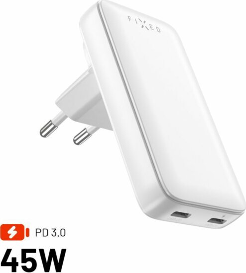 Fixed Slim Traveller 2xUSB-C Hálózati Utazó Gyorstöltő Adapter 45W - Fehér