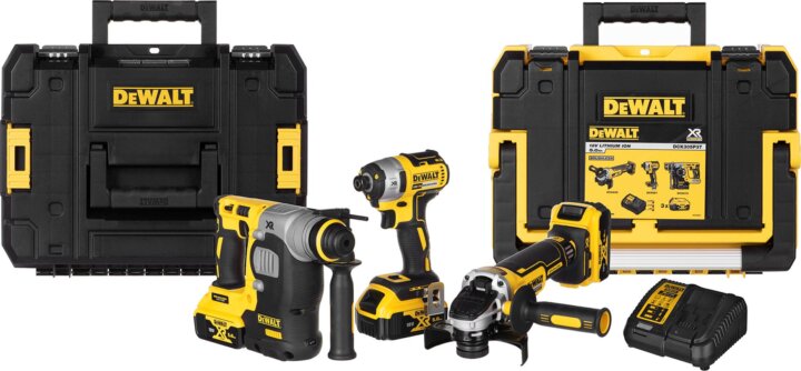 DeWalt DCK305P3T Akkus Sarokcsiszoló + Akkus Fúrókalapács + Akkus Ütvecsavarozó készlet - Sárga / Fekete