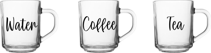 Solmazer Iris 250ml Üveg vizes pohár - Water, Coffee Tea Feliratos átlátszó