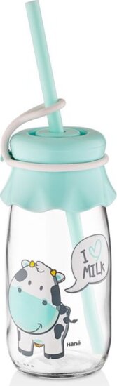 Hane Milkie Milk 250ml Üveg tejes Pohár szívószállal - Rózsaszín / Menta mintás