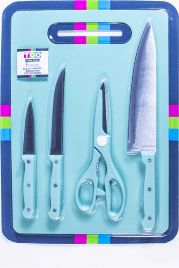 TOO KT-391 PORTO 5 darabos kés-, olló- és vágódeszka készlet - Kék