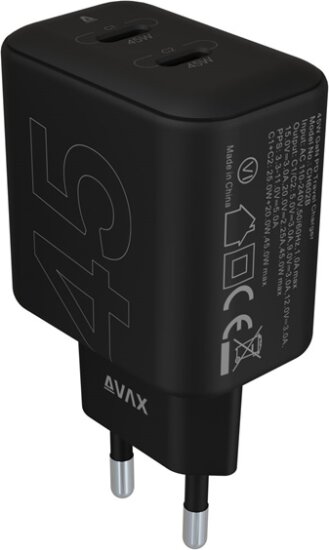 AVAX CH602B 2xUSB-C hálózati töltő Hálózati Gyorstöltő Adapter 45W - Fekete