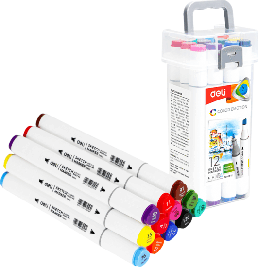 Deli Color Emotion kétvégű alkoholos sketch marker készlet - Vegyes színek (12 darab / csomag)