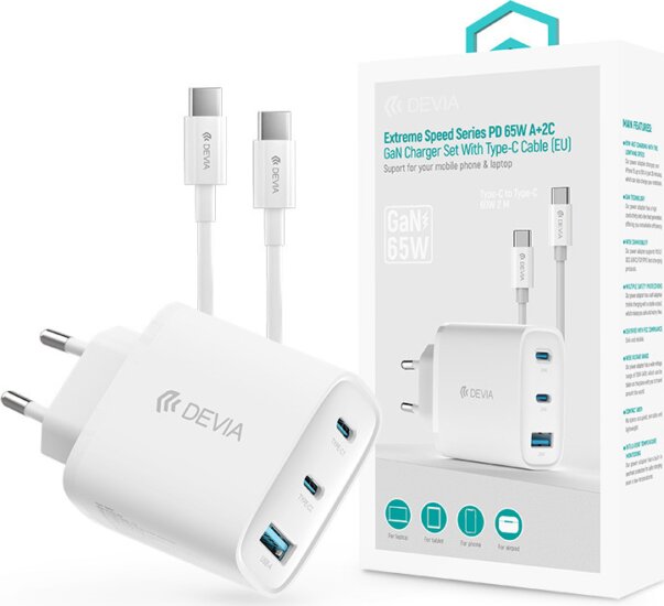 Devia ST111967 Extreme Speed Series USB-A / 2x USB-C Hálózati Gyorsöltő Adapter 65W + USB-C Kábel - Fehér
