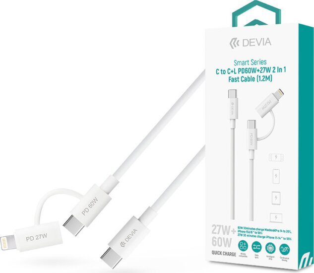 Devia ST121485 Smart Series USB-C apa - USB-C / Lightning apa Adat- és töltőkábel 1.2m - Fehér