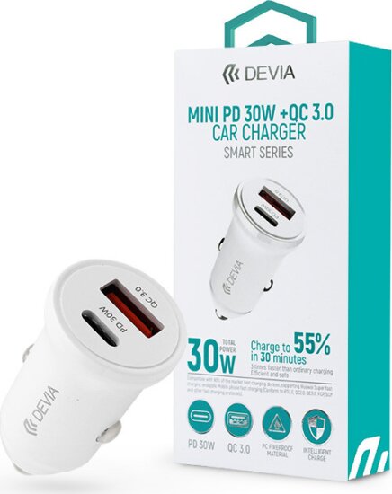 Devia ST112421 Smart Series Mini USB-C / USB-C Szivargyújtós Gyorstöltő Adapter 30W - Fekete