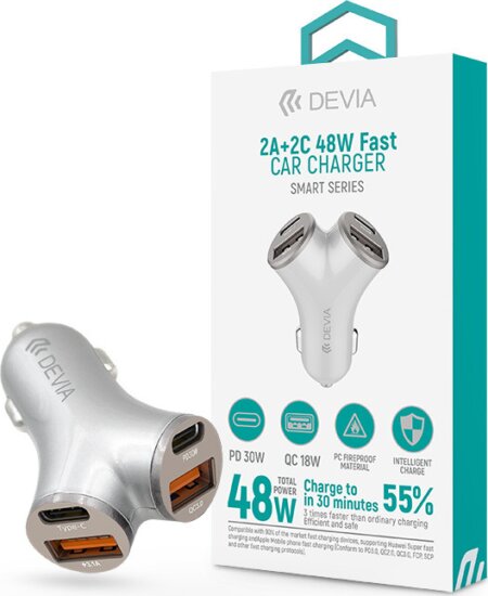 Devia ST112537 Smart Series 2xUSB-C / 2xUSB-C Szivargyújtós Gyorstöltő Adapter 48W - Ezüst