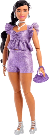 Mattel Barbie Deluxe Style - Barbie baba csillogó Metál lila ruhában