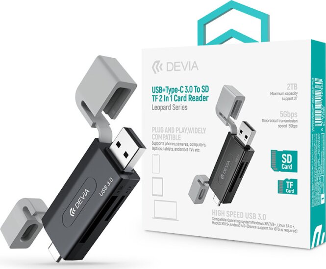Devia Leopard Series USB + Type-C Külső Memóriakártyaolvasó - Fekete