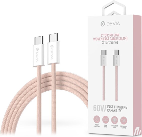 Devia Smart Series Woven USB-C apa - USB-C apa Adat- és töltőkábel 1m - Rózsaszín