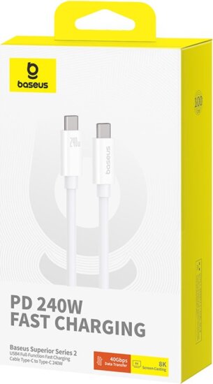 Baseus Superior USB-C apa - USB-C apa Adat- és töltőkábel 1m 240W - Fehér Baseus Superior USB-C apa - USB-C apa Adat- és töltőkábel 1m 240W - Fehér