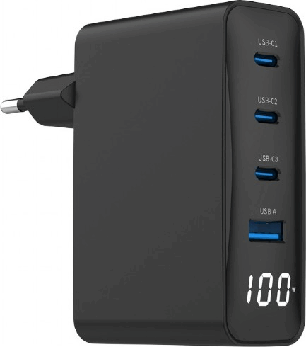 Gembird PDQC100LCD 3xUSB-C / USB-A GaN Hálózati Gyorstöltő Adapter 100W - Fekete
