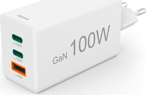 Hama 201997 2x USB-C / USB-A GaN Hálózati Gyorstöltő Adapter 100W - Fehér