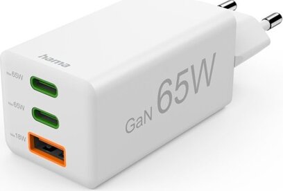 Hama 201996 2x USB-C / USB-A GaN Hálózati Gyorstöltő Adapter 65W - Fehér