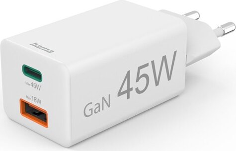 Hama 201993 Mini GaN USB-A / USB-C Hálózati Gyorstöltő Adapter 45W - Fehér