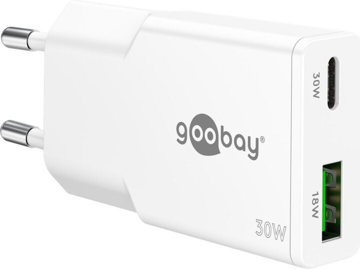 Goobay 75738 Dual USB-A / USB-C GaN Slim Hálózati Gyorstöltő Adapter Készlet 30W - Fehér (2 darabos)