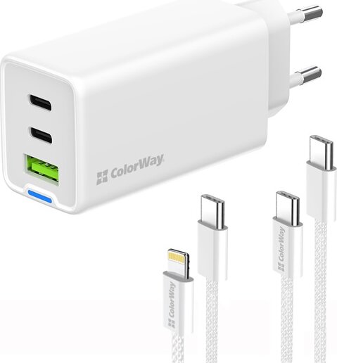 ColorWay 058PDCL USB-A / 2x USB-C Hálózati gyorstöltő szett 65W - Fehér ColorWay 058PDCL USB-A / 2x USB-C Hálózati gyorstöltő szett 65W - Fehér