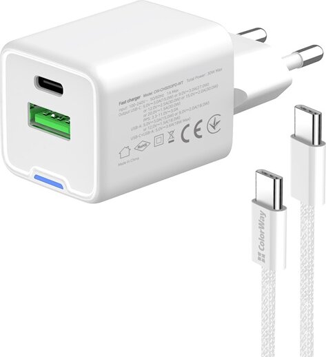 ColorWay 053PDC USB-A / USB-C Hálózati gyorstöltő szett 30W - Fehér