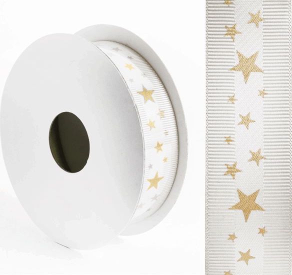 Iris Karácsonyi Csillagos Díszítő textil szalag 25mm/10méter - Fehér/Arany