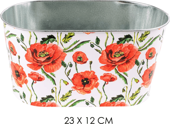 Iris Ovális pipcs mintás 23x12 cm bádog kaspó - Fehér/Piros