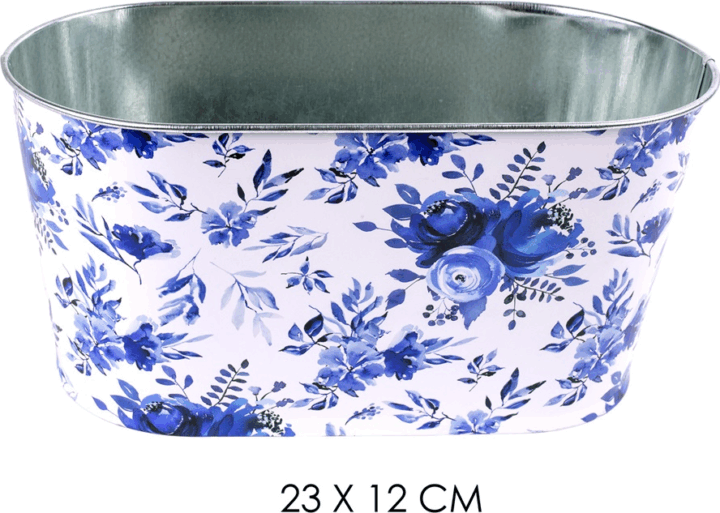 Iris Ovális pipcs mintás 23x12 cm bádog kaspó - Fehér/Kék