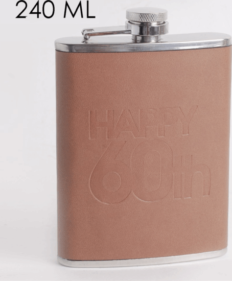 Iris rozsdamentes acél Laposüveg "happy 60th" felirattal barna műbőr tokban 240ml