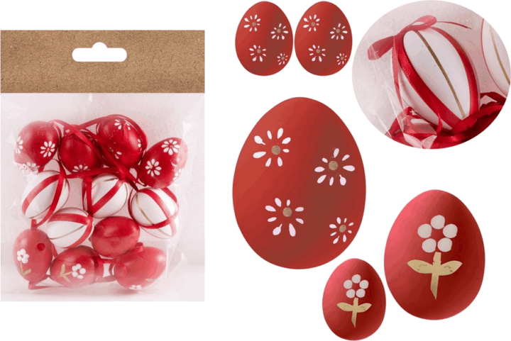Iris műanyag tojás músvéti dekoráció 3x4cm - Piros/Mintás (12db/csomag)