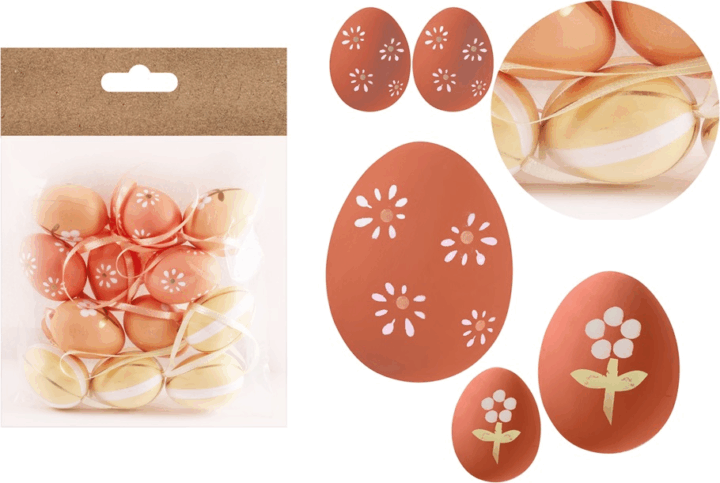 Iris Virágos/csíkos mintás műanyag tojás húsvéti dekoráció 3x4cm - Narancs/mintás (12db/csomag)
