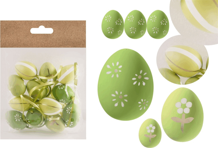 Iris Virágos/csíkos mintás műanyag tojás húsvéti dekoráció 3x4cm - Zöld/mintás (12db/csomag)