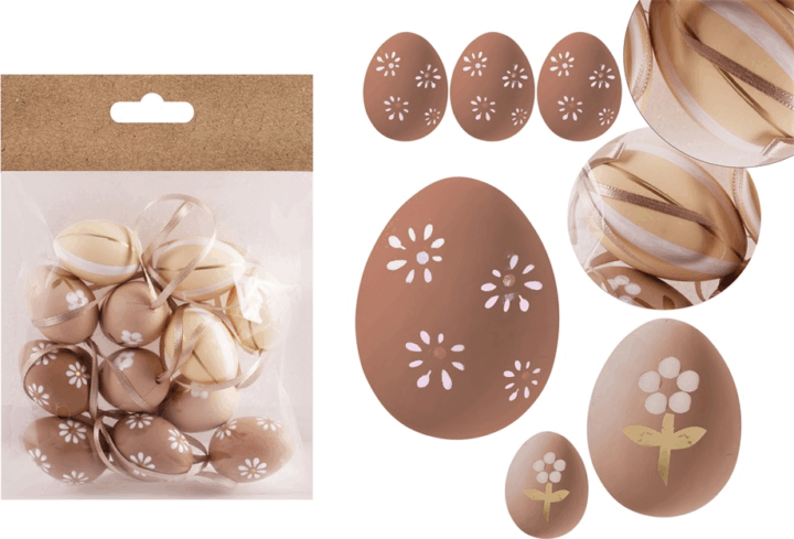 Iris Virágos/csíkos mintás műanyag tojás húsvéti dekoráció 3x4cm - Natúr/mintás (12db/csomag)