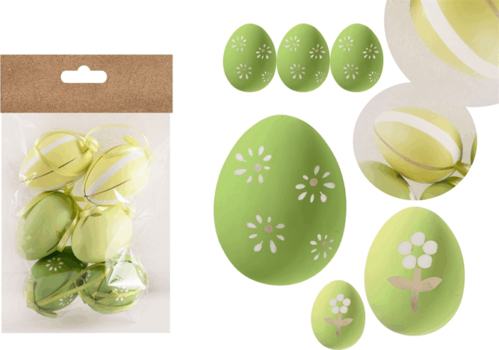 Iris Virágos/csíkos mintás műanyag tojás húsvéti dekoráció 4x6cm - Zöld/mintás (6db/csomag)