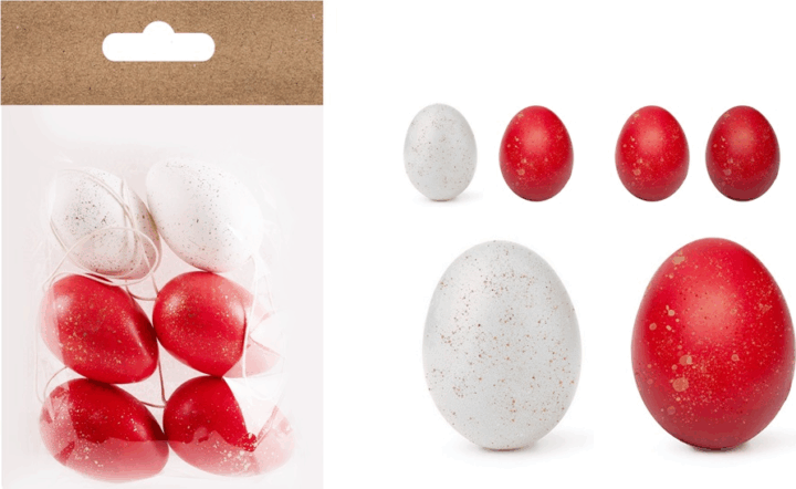 Iris Virágos/csíkos mintás műanyag tojás húsvéti dekoráció 4x6cm - Piros/Fehér (6db/csomag)