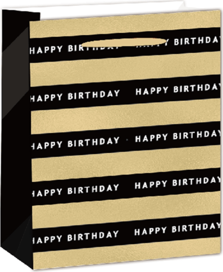 Iris Happy Birthday feliratos hologrammos csíkos papír ajándéktasak (18x23cm) - Fekete/Arany
