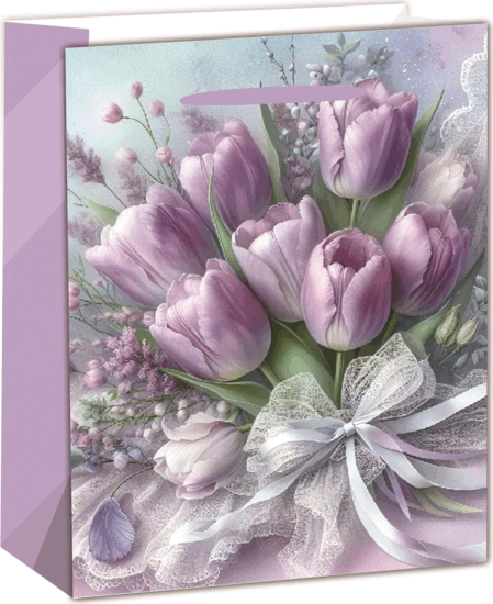 Iris Tulipáncsokor mintás Szalagfüles matt papír ajándéktasak (18 x 23cm) - Lila/Mintás