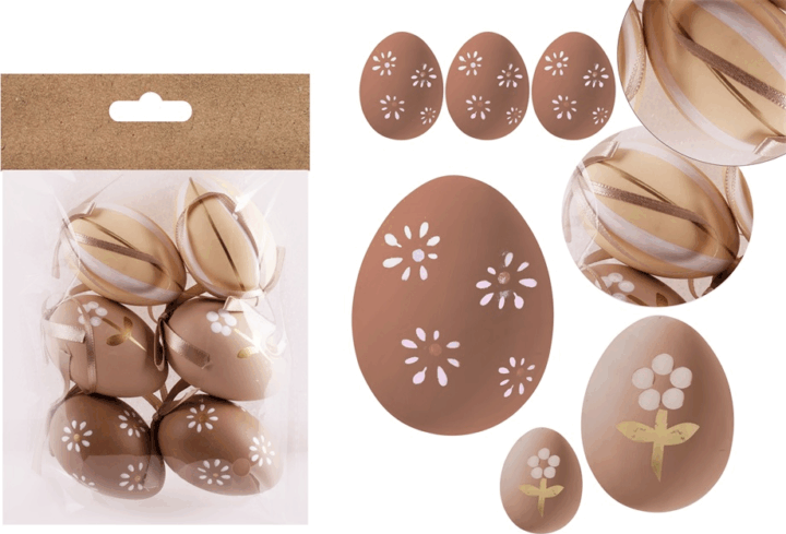 Iris Virágos/csíkos mintás műanyag tojás húsvéti dekoráció 4x6cm - Natúr(6db/csomag)