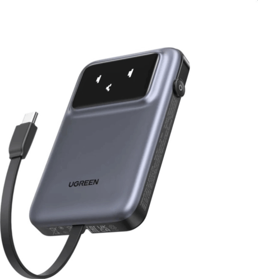Ugreen Uno PB511 Powerbank integrált kábellel USB-A + Type-C / 10000mAh 30W - Szürke
